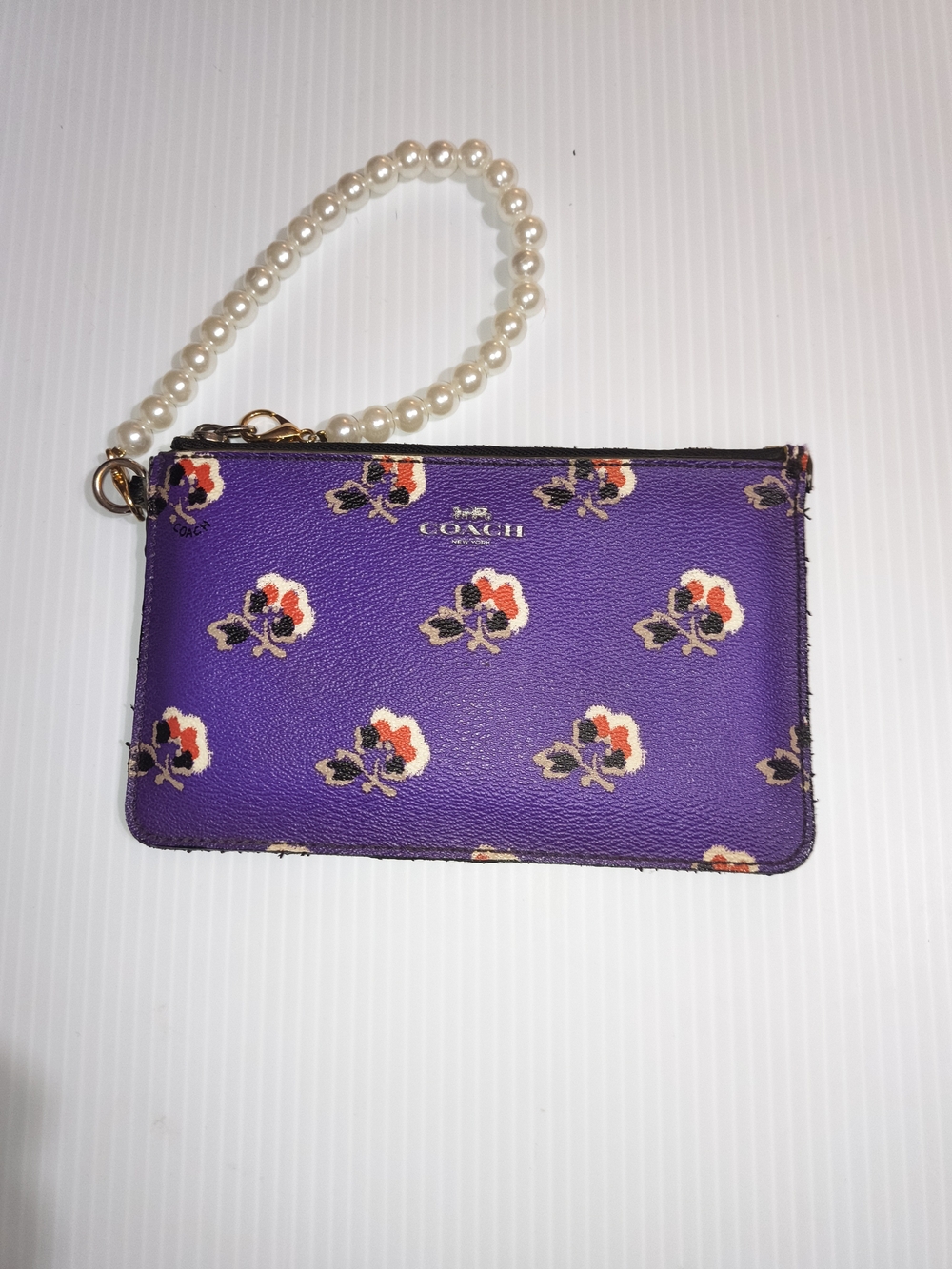 COACH Purple Floral Pearl Wristlet Pouch
